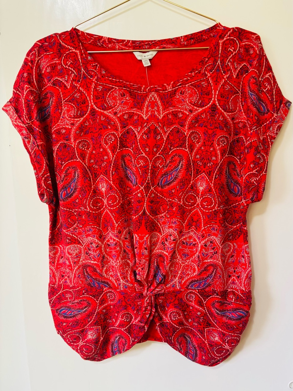Lucky Brand| NEW Red Paisley Knot-Front Short Sleeve Shirt Sz M NWT